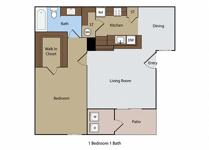 Floor plan for 1 bed, 1 bath, 675 sqft